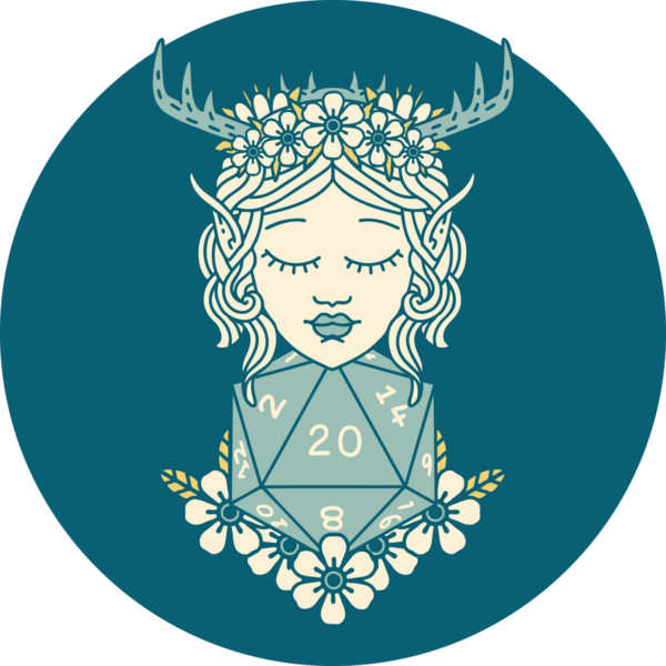 Retro Dövme Tarzı Elf Karakteri Nautral 20 zar bir insan tarafından çizilmiş