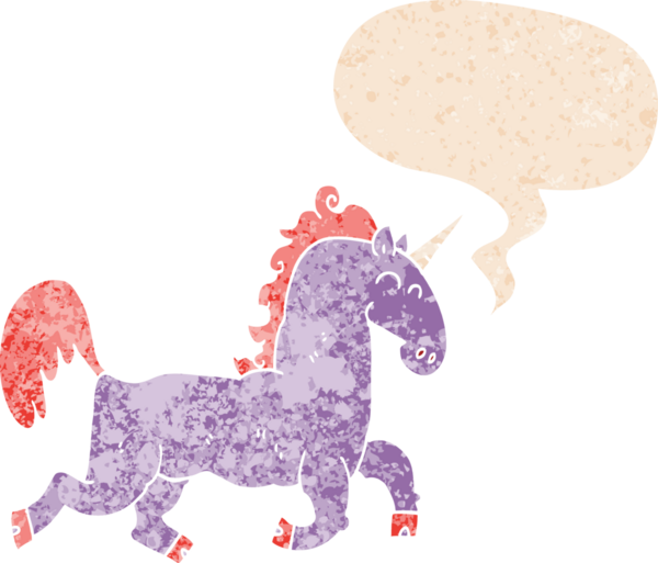 grunge 'da konuşma baloncuğu olan çizgi film tek boynuzlu atı bir insan tarafından çizilmiş tedirgin edilmiş eski tarz.