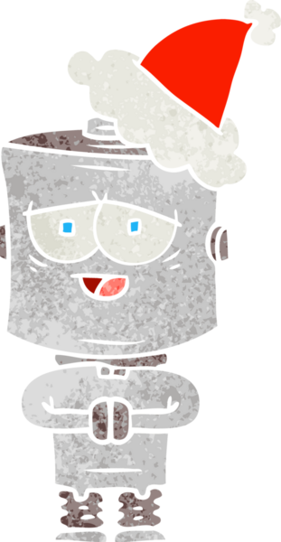 Bir insan tarafından çizilmiş Noel Baba şapkası giyen bir robotun el çizimi karikatürü.