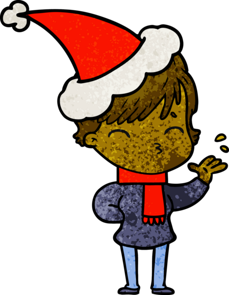 Bir insan tarafından çizilmiş Noel Baba şapkası takan bir kadının el yapımı karikatürü.