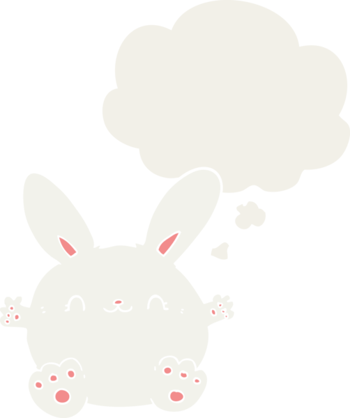 Bir insan tarafından çizilmiş düşünce baloncuklu sevimli çizgi film tavşanı.