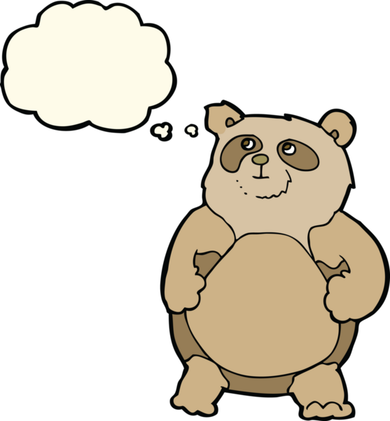 Bir insan tarafından çizilmiş düşünce baloncuklu çizgi film ayısı.