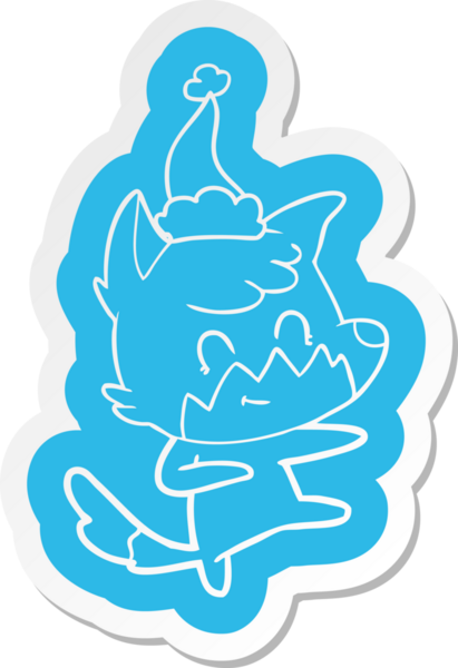 Bir insan tarafından çizilmiş Noel Baba şapkası giyen arkadaş canlısı bir tilkinin garip çizgi film çıkartması.