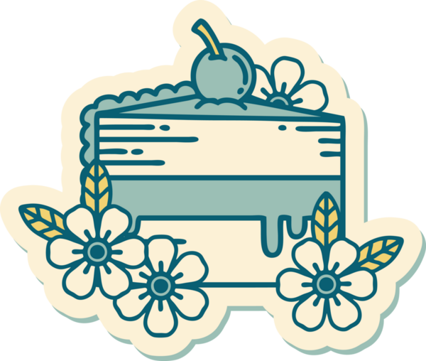 Bir insan tarafından çizilmiş geleneksel bir pasta dilimi ve çiçek stili dövme çıkartması.