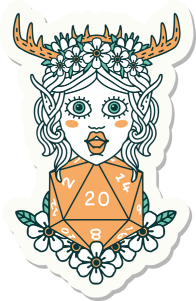 Bir insan tarafından çizilmiş nautral yirmilik zarlı bir Elf Druid karakterinin çıkartması.