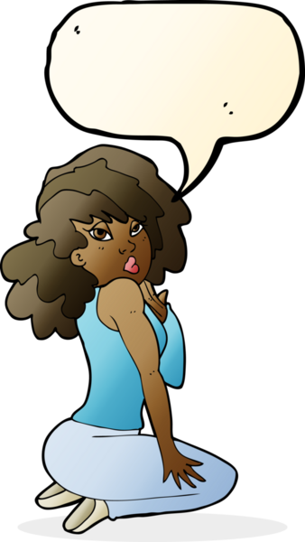 Bir insan tarafından çizilmiş konuşma balonuyla poz veren karikatür kadın.