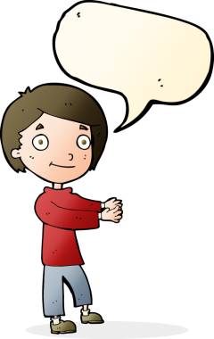 Bir insan tarafından çizilmiş konuşma balonu olan mutlu bir çocuk.