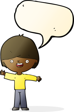 Bir insan tarafından çizilmiş konuşma balonu olan mutlu bir çocuk.