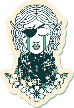 Retro Dövme Tarzı Ağlayan Elf düzenbaz karakter yüzü ve bir insan tarafından çizilmiş doğal bir D20 rulo