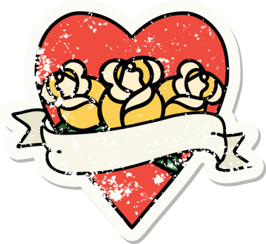 Geleneksel bir kalp stili ve insan tarafından çizilmiş çiçekli pankart dövmesi.