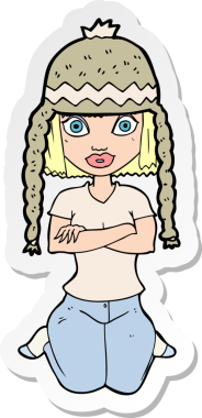 Bir insan tarafından çizilmiş şapka giyen bir karikatür kadının çıkartması.