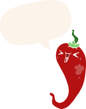 bir insan tarafından çizilmiş, konuşma baloncuklu sıcak kırmızı biber çizgi filmi.