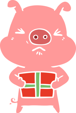 Düz renkli çizgi film. Kızgın domuz. Bir insan tarafından çizilmiş Noel hediyesi.