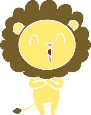 Gülen aslan düz renkli çizgi film bir insan tarafından çizildi.