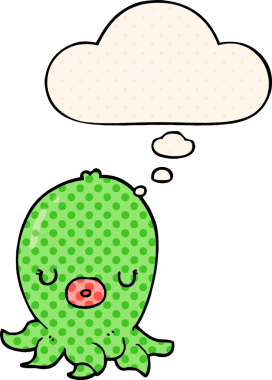 Çizgi roman tarzında bir insan tarafından çizilmiş düşünce baloncuklu ahtapot.