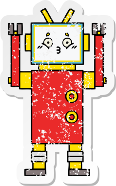 Bir insan tarafından çizilmiş sevimli bir robot çizgi film çıkartması.