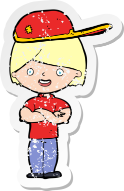 Bir insan tarafından çizilmiş şapkalı bir çizgi film çocuğunun gerilimli retro çıkartması.