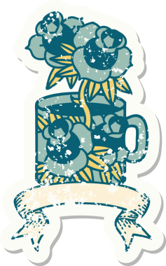 Bir fincan sancağıyla eski bir etiket ve bir insan tarafından çizilmiş çiçekler.