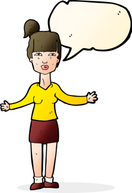 Bir insan tarafından çizilmiş konuşma baloncuğuyla omuz silken çizgi film kadını.