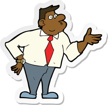 Bir karikatür işadamının bir insan tarafından çizilmiş sorular sormasının çıkartması.