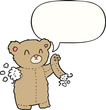 Bir insan tarafından çizilmiş konuşma balonlu yırtık kollu çizgi film ayısı.