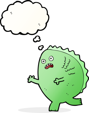 Bir insan tarafından çizilmiş düşünce baloncuklu çizgi film canavarı.