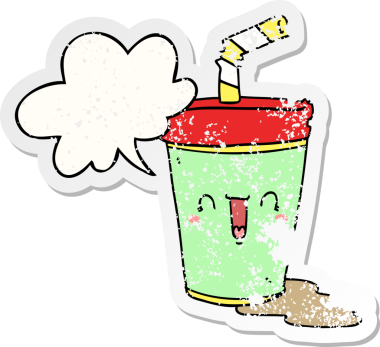 Tatlı karikatür gazozu, konuşma baloncuğu bir insan tarafından çizilmiş sıkıntılı eski bir çıkartma.