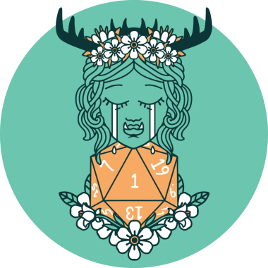 Hüzünlü yarı Ork Druid karakteri ikonu. Bir insan tarafından çizilmiş doğal bir zar.