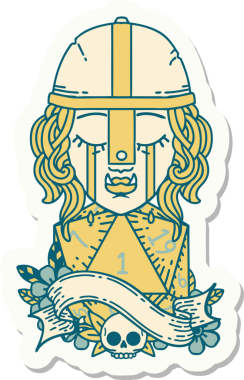 Ağlayan bir Ork savaşçı karakterinin çıkartması. Doğal bir d20 rulo ile bir insan tarafından çizilmiş.