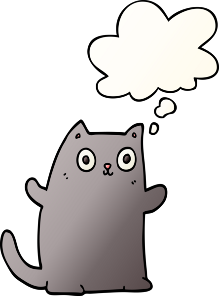 Bir insan tarafından çizilmiş yumuşak eğimli düşünce baloncuklu çizgi film kedisi.