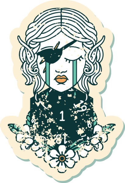 Retro Dövme Tarzı Ağlayan Elf düzenbaz karakter yüzü ve bir insan tarafından çizilmiş doğal bir D20 rulo