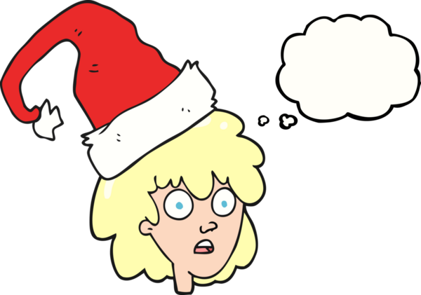 Bir insan tarafından çizilmiş Noel Baba şapkası giyen serbest çizim baloncuklu kadın.