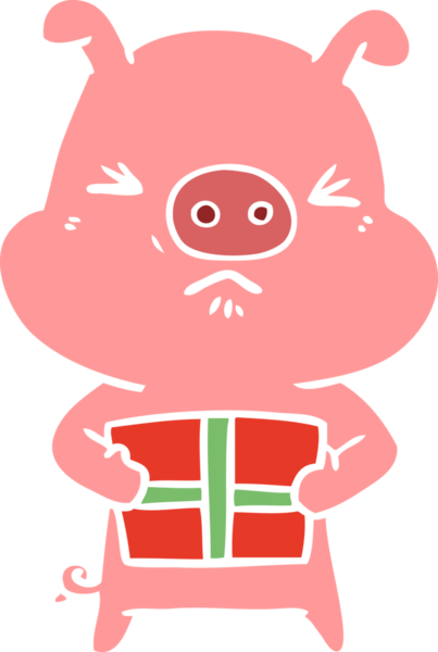 Düz renkli çizgi film. Kızgın domuz. Bir insan tarafından çizilmiş Noel hediyesi.