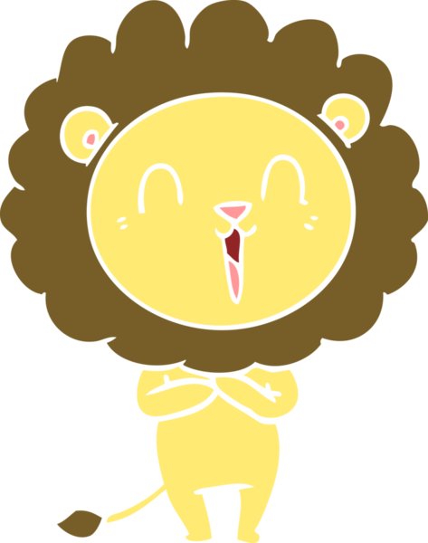 Gülen aslan düz renkli çizgi film bir insan tarafından çizildi.