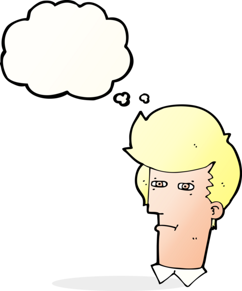Bir insan tarafından çizilmiş düşünce baloncuğuyla gözlerini kısarak bakan çizgi film adamı.