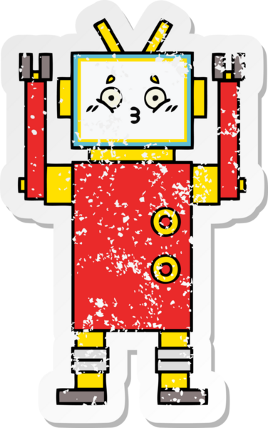 Bir insan tarafından çizilmiş sevimli bir robot çizgi film çıkartması.