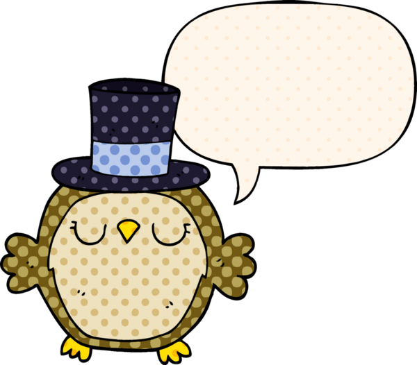 Bir insan tarafından çizilmiş çizgi roman tarzında konuşma balonu olan silindir şapkalı bir baykuş.