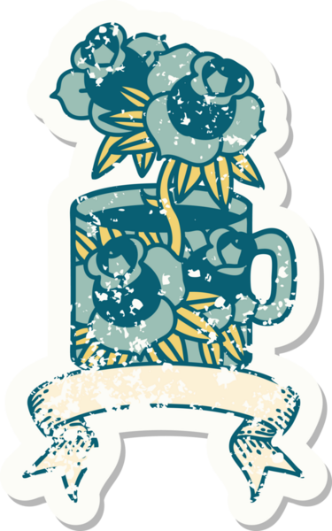 Bir fincan sancağıyla eski bir etiket ve bir insan tarafından çizilmiş çiçekler.