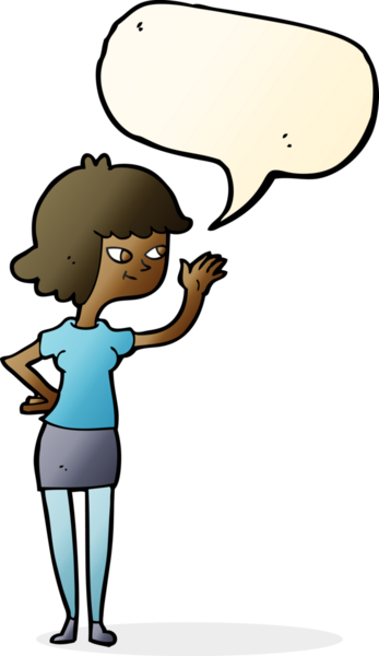 Bir insan tarafından çizilmiş konuşma baloncuğuyla el sallayan çizgi film dostu kız.