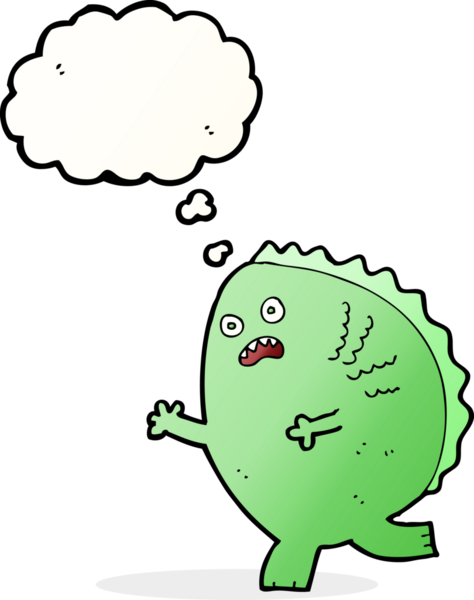 Bir insan tarafından çizilmiş düşünce baloncuklu çizgi film canavarı.