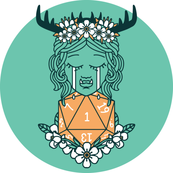 Hüzünlü yarı Ork Druid karakteri ikonu. Bir insan tarafından çizilmiş doğal bir zar.