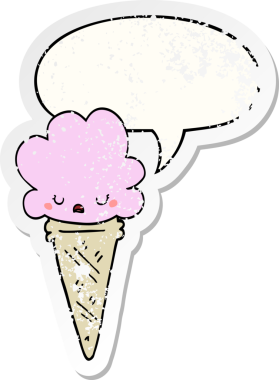 Yüzünde konuşma balonu olan karikatür dondurması bir insan tarafından çizilmiş sıkıntılı eski bir çıkartma.