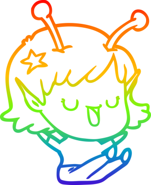 Gökkuşağı gradyan çizgisi mutlu uzaylı kız çizgi filmi bir insan tarafından çizilmiş.