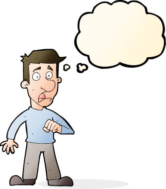 Bir insan tarafından çizilen düşünce baloncuğuyla şok olmuş bir adam.