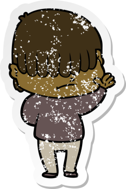 Bir insan tarafından çizilmiş dağınık saçlı bir çizgi film çocuğunun sıkıntılı çıkartması.