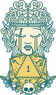 Retro Dövme Tarzı Ağlayan Elf Barbar Karakteri Bir insan tarafından çizilmiş doğal bir D20 rulosu