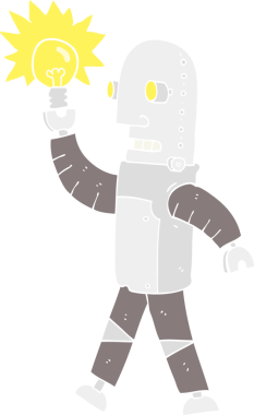 Bir insan tarafından çizilmiş ampullü robotun düz renk çizimi