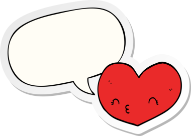 Bir insan tarafından çizilmiş konuşma kabarcığı çıkartmalı karikatür aşk kalbi.