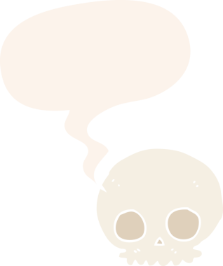 bir insan tarafından çizilmiş, konuşma baloncuklu bir kafatası.