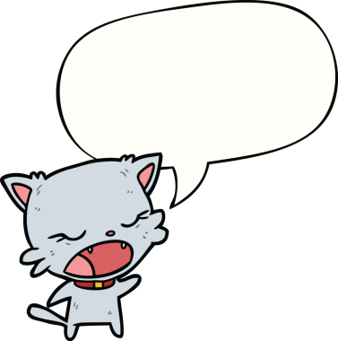 Bir insan tarafından çizilmiş konuşma baloncuğuyla konuşan sevimli çizgi film kedisi.